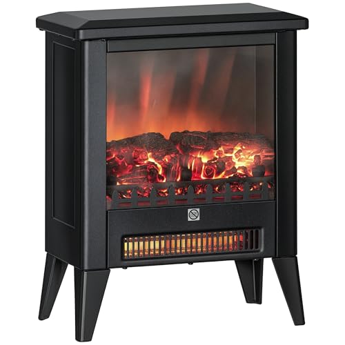 HOMCOM Camino Elettrico da Terra con Effetto Fiamma 3D a 3 Intensità, 1800W Caminetto Elettrico con Spegnimento Automatico, Termostato, Risacaldamento Regolabile per Soggiorno, 30㎡, Nero