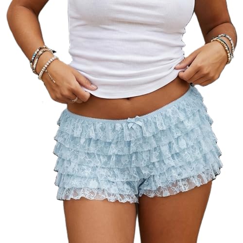 Women Lolita Bloomers Ruffle Shorts Y2K Lace Layered Booty Shorts Coquette Girls Mini Shorts Panties Streetwear (Blue S)