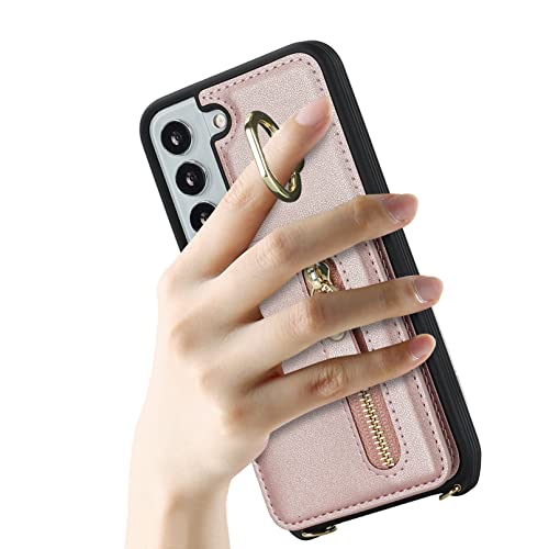 Jaorty Samsung Galaxy S21 Fe 5G Phone Case For Women With Card Holder,Samsung S21 Fe Case Wallet Crossbody Lanyard With Strap,Credit Card Slots Kickstand Case With Ring Holder,6.4 Inch,Rosegold #TOP5