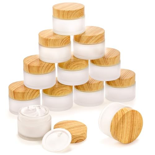 ZENFUN 16 Pcs Glass Cosmetic Containers 50 Gram/50ml Empty Sample Jar with Plastic Lid, Frosted Glass Bottle, Small Makeup Sample Jars, Refillable Travel Jars for Cream, Lotions, Lip Balm