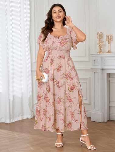 Image of SCOMCHIC Womens Plus Size Maxi Dress Formal Short Sleeve Square Neck Smocked Side Split Flowy A Line Tiered Long Dress