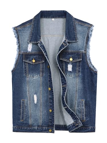 LONGBIDA Men's Denim Vest Sleeveless Ripped Slim fit Distressed Jean Jacket(0721 Dark Blue,2XL)