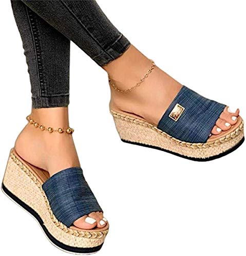 Onsoyours Mujer Sandalias Mujer Verano Zapatos de Plataforma Cuña Playa Zapatillas Planas Sandalias de Punta Abierta Casual Fiesta Roman Tacones Altos A Azul 36 EU Cover