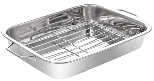 Rostiera e griglia in acciaio inox, 30 cm, compatta, adatta al forno, manici resistenti, profondità 5 cm, resistente teglia per carne e verdure, lavabile in lavastoviglie