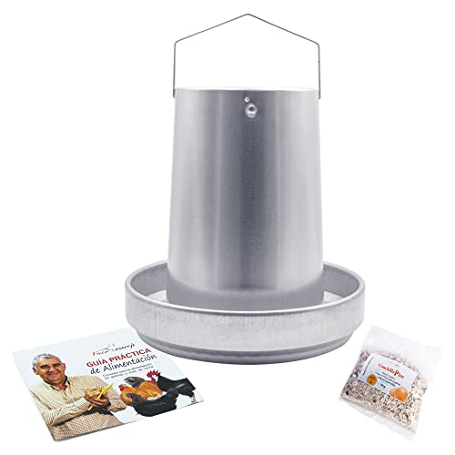 FINCA CASAREJO - Tolva Chapa Galvanizada 20 kg - Comedero para Aves de Corral - Incluye 150 Gramos de Conchilla Plus y Guía de Alimentación de Las Gallinas