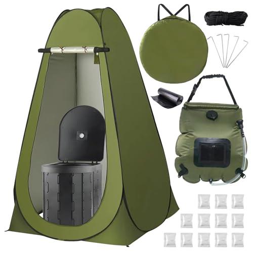 Pkjwere Outdoor Portable Camp Toilet and Pop Up Privacy Shower Tent Kit,Large Foldable Potty with12 Pack Liquid Waste Gel, 20L Patented Design Shower Bag, Camping, Hiking,Changing Rooms,Fishing