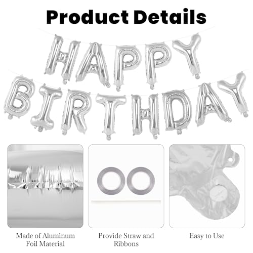 Image of 65 Pcs Silver Happy Birthday Balloons, 2 Sets A-Z Silver Letters Foil Balloons, 16 Inch Personalized Name Happy Birthday Banners for Wedding Baby Shower Anniversary Party Decorations