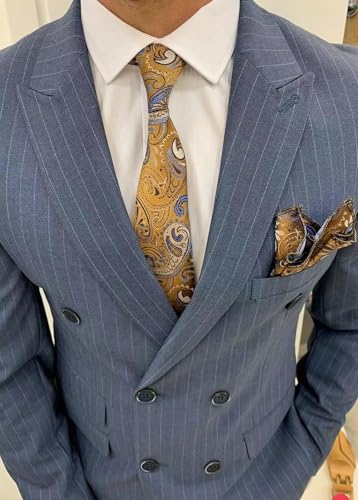 ORBITRAY Men's Double Breasted Pinstripe Casual Suit Slim Fit 2025 Business Wedding Men Blazer Pant Suits Six Buttons3