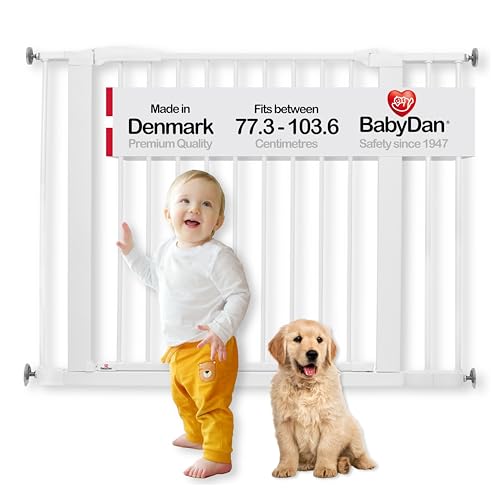 BabyDan Swing Shut, Ohne bohren Treppenschutzgitter, 77,3-103,6 cm, Babygitter/Sicherheitsgitter, Weiß, Hergestellt in Dänemark - (Haustiergitter/Hundegitter)