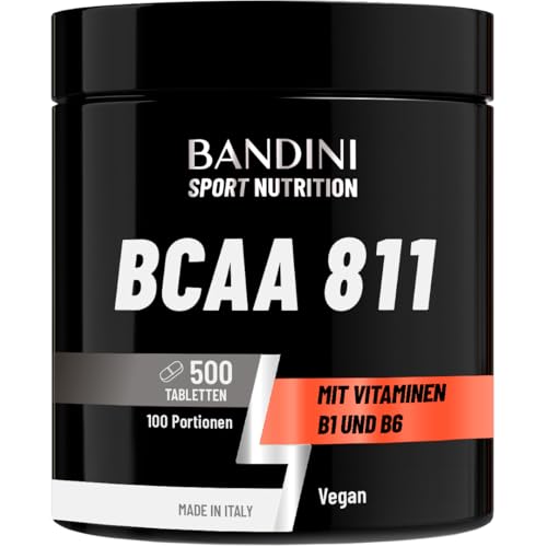 Bandini® VERZWEIGTKETTIGE AMINOSÄUREN BCAA 8 1 1 | 500 Tabletten mit fermentierten Aminosäuren, mit Vitamin B1 und B6 | 8.1.1 mit Leucin, Isoleucin, Valin | Intra-Pre-Post-Workout – Fürs Fitnessstudio