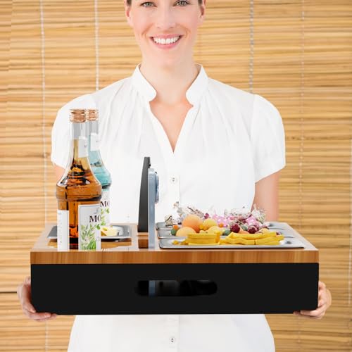 Couchbar, Sofa Organizer auf dem Beistelltische Couchtisch, Couchbar Holz als Bier Geschenke für Männer, Sofatablett Mit Vier Snackschalen und Mehrere Lagerplätze (schwarz)
