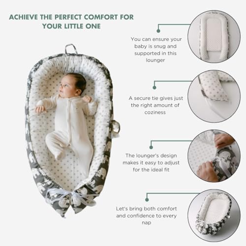TKC Baby Lounger 0-24 Months | Adjustable Infant Lounger | Breathable Organic Cotton Cover | Reversible, Portable Baby Nest | Includes Bib | Elephant
