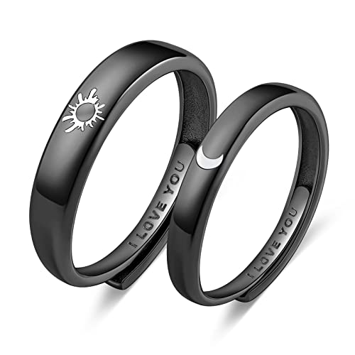 Beydodo Promise Rings For Couples, Friendship Rings Sun and Moon Sterling Silver 925 Black Matching Rings I Love You