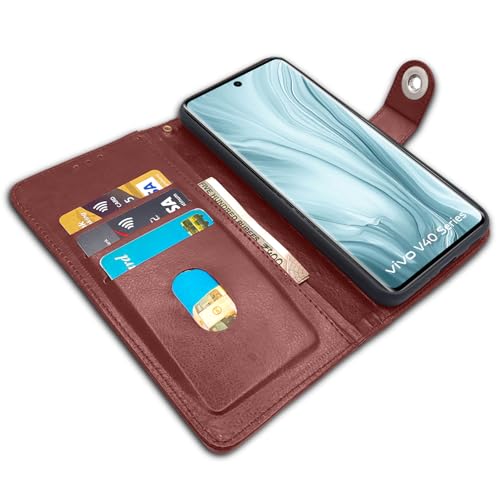 Image of Pikkme Flip Cover Leather Finish | Inside TPU with Card Pockets | Wallet Stand and Shock Proof | Complete Protection Button Flip Case for Vivo V40 5G / V40 Pro 5G / T3 Ultra 5G (Brown)