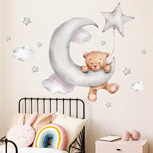 2 Piezas de Osito de Peluche Durmiendo en la Luna y Dibujos Animados Pegatinas de Pared para Niños Pegatinas de Pared de Decoraciones para la Habitación del