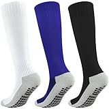 Kids Grip Soccer Socks Boys Knee High Socks Girls Soccer Non Slip Sock Football Baseball Softball Sports 10-12 Years Youth 3 Pairs (Black+Blue+White, L)