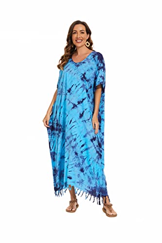 Image of Beautybatik Women Hippie Tie Dye Caftan Kaftan Loungewear Maxi Plus Size Long Dress XL to 4X