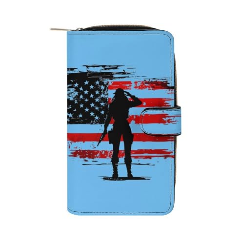 Veterans U.S Flag Salute Long Wallet PU Leather Credit Card Holder Durable Zippered Purse Clutch Wallet