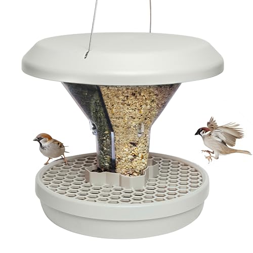 Mangeoire Oiseaux Extérieur à Suspendre – Davos Smart Birds – Anti Rats et Souris avec Plateau Récupérateur – Distributeur Graines pour Oiseaux Sauvages – Jardin et Balcon – Gris Clair