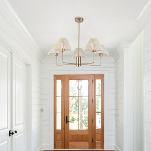 KCO Lighting 5-Lights White Pleated Fabric Pendant Light Mid Century Modern Brushed Gold Sputnik Chandelier Traditional Dining Living Room Chandelier Above Dining Table by KCO - Image 5