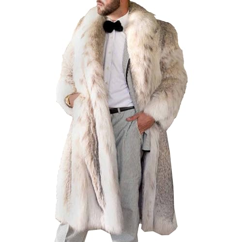 QOAAIE Mens Winter Faux Fur Long Coat Open Front Long Sleeve Fuzzy Fleece Jacket Loose Casual Cardigan Plush Outwear (White Large)