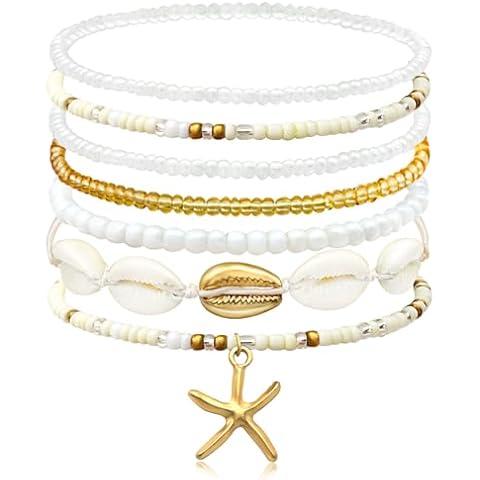 nylry Shell Summer Beach Bracelets for Women Seashell Bracelets Boho Layered Beaded Bracelets Set Starfish Bracelets Handmade Stretch Bracelets Summer Beach Jewelry Accessories Gifts-Beige Cover