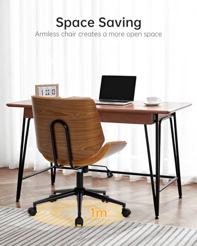 Image of Home Office Chair No Arms,Armless Adjustable Height Small Desk Chair,PU Leather Swivel Computer Chair with Wheels,Mid-Century Modern Walnut Mid Back Chair for Office, Reading Room,Bedroom(Brown)