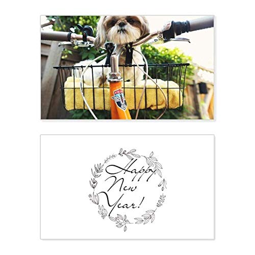 Tarjeta de felicitación Año Nuevo con perro y texto en inglés para mensajes festivos