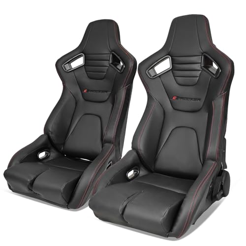 HYPER GLORY Universal Pairs of Racing Seat with Dual Sliders, PU Leather Front+Carbon Leather Back Reclinable Bucket Seat, Black+Red Stitch w/LOGO-Style 3