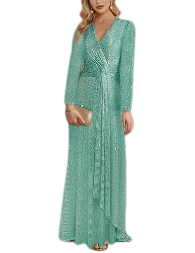 Image of Long Sleeve Sequin Dress For Women Formal Gowns Sparkly V Neck Maxi Dress
