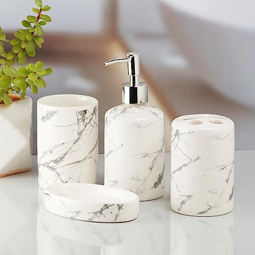 Image of SaSaSa Ceramic Bathroom Accessories Set of 4 Modern Bath Set with Soap Dispenser & Toothbrush Holder, Luxury Home & Gift Idea, White /Grey (8074)