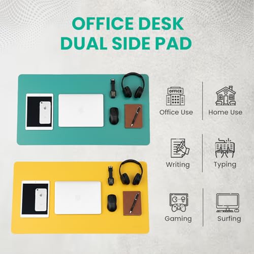 Image of Reversible Desk Mat 90x45 CM - Large Vegan Leather Office Desk Pad | Mouse Pad for Work from Home & Office | Anti-Slip Leather | Waterproof, Splash-Proof Desk Accessories (Sea Green & Yellow)