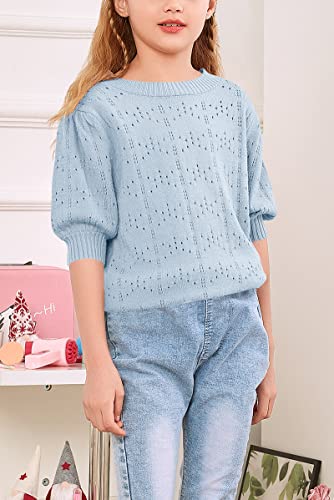 Klousilover Girls Blouse Tops Fall Casual Puff Sleeve Crew Neck Sweaters Solid Hollow Out Knit Pullover Jumper Tops A-Blue #TOP4