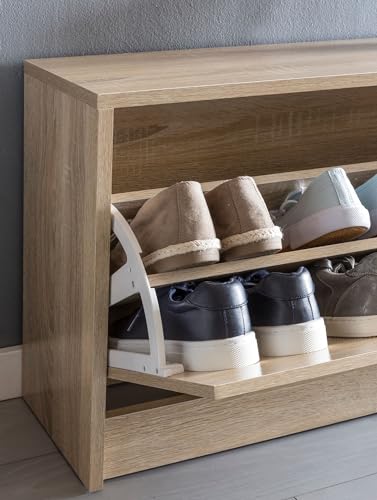 Miniatura 9 de Wohnling Zoey Con Asiento Sonoma Roble Zapatero Tipper Madera 80 X 47 X 24 Cm Pasillo Banco Pequeño Cerrado Banco Angosto Pasillo Con Espacio De Almacenamiento Muebles Del Pasillo