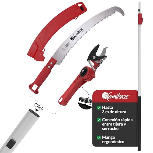 Kamikaze Tijera y Serrucho en Altura Telescópica 3 en 1 Para Poda, Enganche Rápido, Pértiga 3m, Corta Ramas Ligero, Con Polea Reductor de Fuerza, Acero SK5, Hecho en España