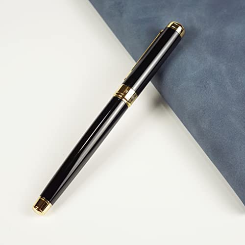 U-Right Luxury Glossy Black Fountain Pen With Converter, 18K Gilded Iridium Fine Nib Classic Pen For Gift, Smooth Flow Consistent Writing, Metal Box Packed #TOP6