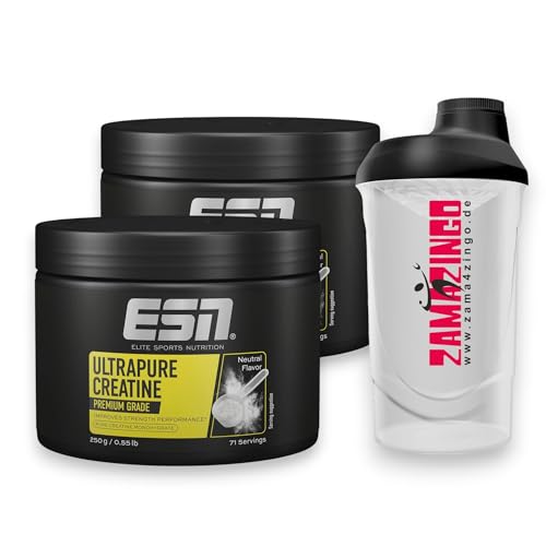 2x ESN Creatine Monohydrate Pro Series Ultrapure Kreatine 71 Portionen 250g | Veganes Nahrungsergänzungsmittel mit reinem Kreatin + Gratis Zama4Zingo Shaker 600ml