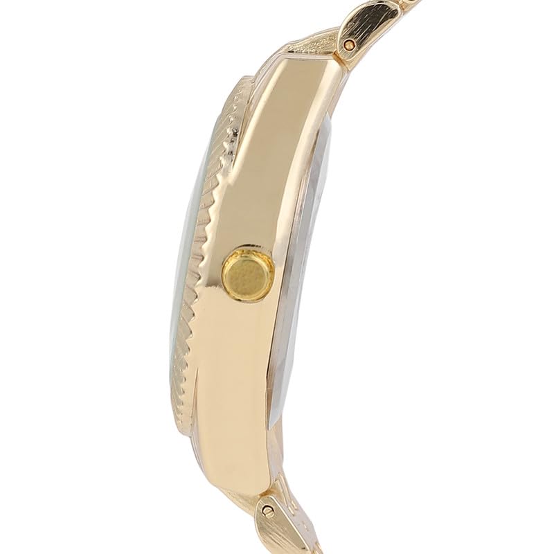Image of Haute Sauce Women's The Ribbed H-Link Round Watch | California Gold Stainless Steel Strap | Emerald Green Dial | One-Size | Foldover Closure | Quartz | Analogue | Wrist Belt Watch for Female & Girls