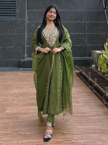 Image of VredeVogel Women's Silk Blend Embroidered Anarkali Kurta with Pant & Dupatta Set | Festive & Casual Women Ethnic Kurta Set for Women