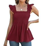 LOMON Womens Tank Tops Fashion Summer Ruffle Flying Sleeve Smocked Blouses Square Neck Sleeveless...