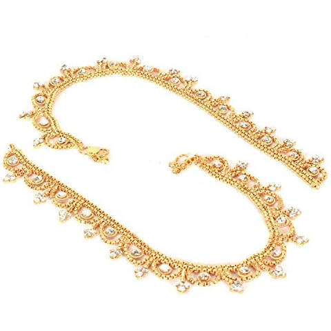 Jewar Anklet Payal Indian Traditional CZ Ad Plain Simple Handmade Natural Gold Plated Jewelry (Golden with stones-2) Cover