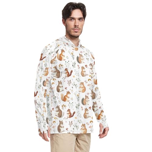 Funny Squirrel White Men's Sun Shirts Hoodies Long Sleeve Rash Guard Shirts UPF 50+ Sport Shirt S2