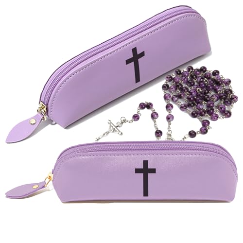 Personalized Rosary Pouch for Rosary Holder Catholic Womens Coin Purses PU Leather Cross Rosary Case Custom Name Small Bags for Jewelry Religious Baptism Christmas Gifts (2 Pcs Purple)