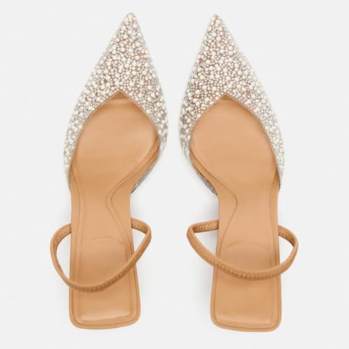 Women's Clear Slingback Heels with Pearl Studded Pointed Toe Stiletto High Heels Back Strap with Elastic Sparkly Rhinestone Slip On Wedding Work Party Pump Shoes3