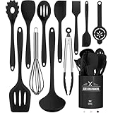 Küchenhelfer Set, 12-teiliges Silikon Kochutensilien Kochbesteck Set, Hitzebeständiger Kochgeschirr mit Utensilienhalter, Antihaft Kochset Küchenutensilien, Spülmaschinenfest - Schwar (Schwarz)
