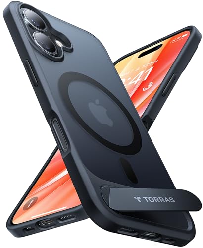 TORRAS for iPhone 16 Case [Durable Titanium Stand] [25W Wireless Charging] [TOP 19N Magnetic] [12FT Drop Protection] for iPhone 16 Cover - Midnight Black