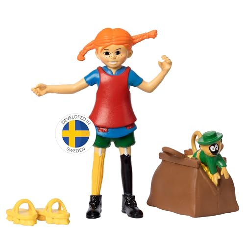 Pippi Langstrumpf Spielzeug Spielfiguren mit Pippi, Herr Nilsson Äffchen, Gold Koffer & Scheuerbürste Schuhe – Puppenhaus Zubehör Figuren Mädchen und Jungen ab 3 Jahren