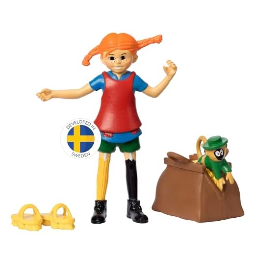 Pippi Langstrumpf Spielzeug Spielfiguren mit Pippi, Herr Nilsson Äffchen, Gold Koffer & Scheuerbürste Schuhe – Puppenhaus Zubehör Figuren Mädchen und Jungen ab 3 Jahren