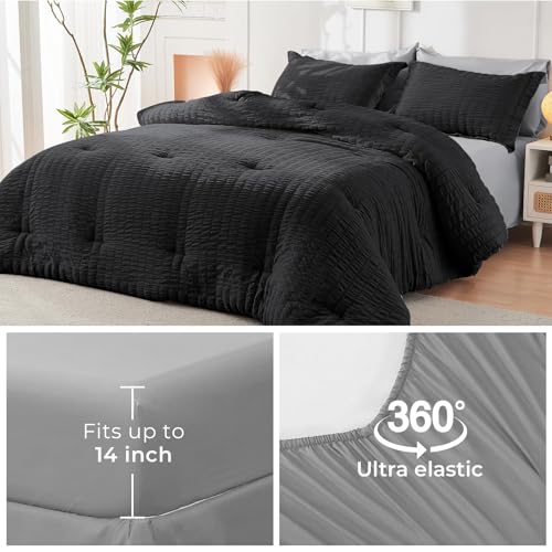 Image of HYMOKEGE Black /Light Grey King Size Comforter Set Seersucker 7 Pieces, All Season Luxury Bed in a Bag for Bedroom, Bedding Set with Comforter, Sheets, Pillowcases & Shams