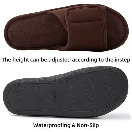 Image of Men's Open Toe Slippers, 60D Memory Foam Indoor Slip on All-Season Wear | Adjustable Strap, Luxurious Suede Upper, Machine Washable, Gift, Moisture-Wicking Coral Fleece Lining